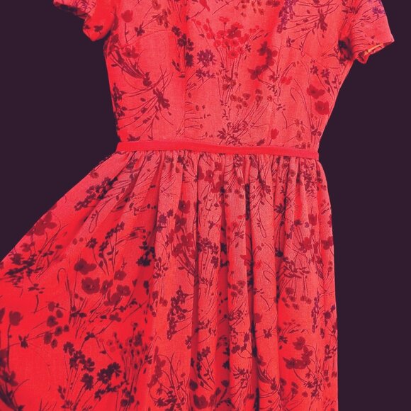 Vintage Lanz Dress 60s Fit and Flare XS Red Floral Wool Linen With Pockets - Picture 5 of 14